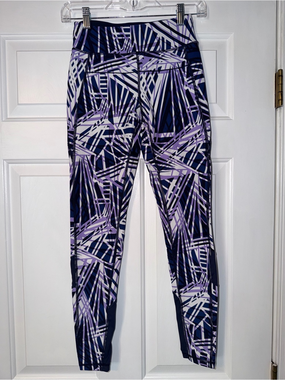 CALVIN KLEIN Performance High Waist Geometric Line Print Leggings Purple Navy XS